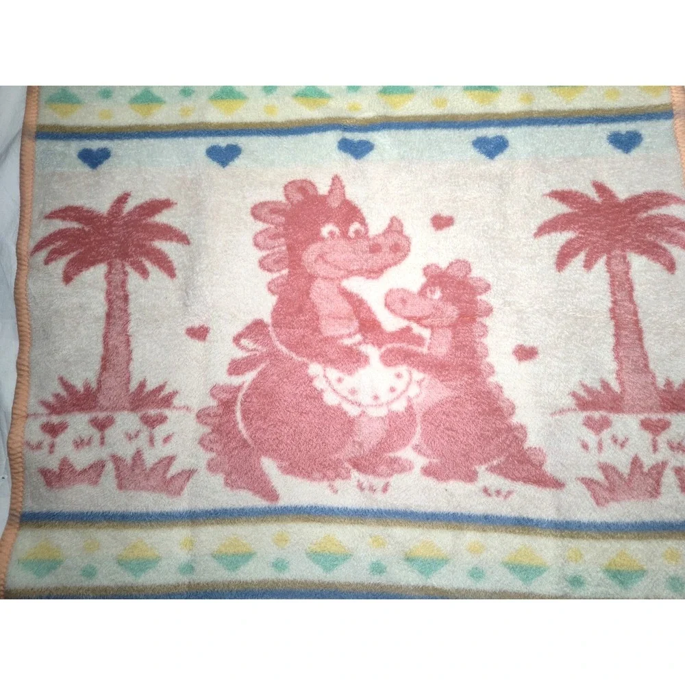 VTG Baby Mink Pink Dragon Dinosaur Soft Acrylic Blanket‎ Mommy Heart Palm Tree - Picture 3 of 5